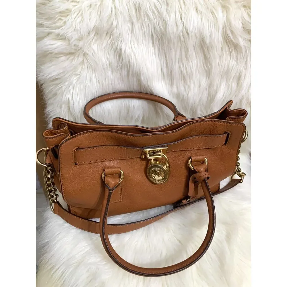MICHAEL KORS Luggage Tan Pebbled Leather Vintage HAMILTON Lock Satchel - MINT!